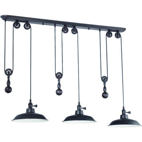 Jeremiah 3 Light 12 inch Aged Bronze Brushed Pulley Pendant Ceiling Light, Canopy is   48" left to right to right and fron to back is 4.75"