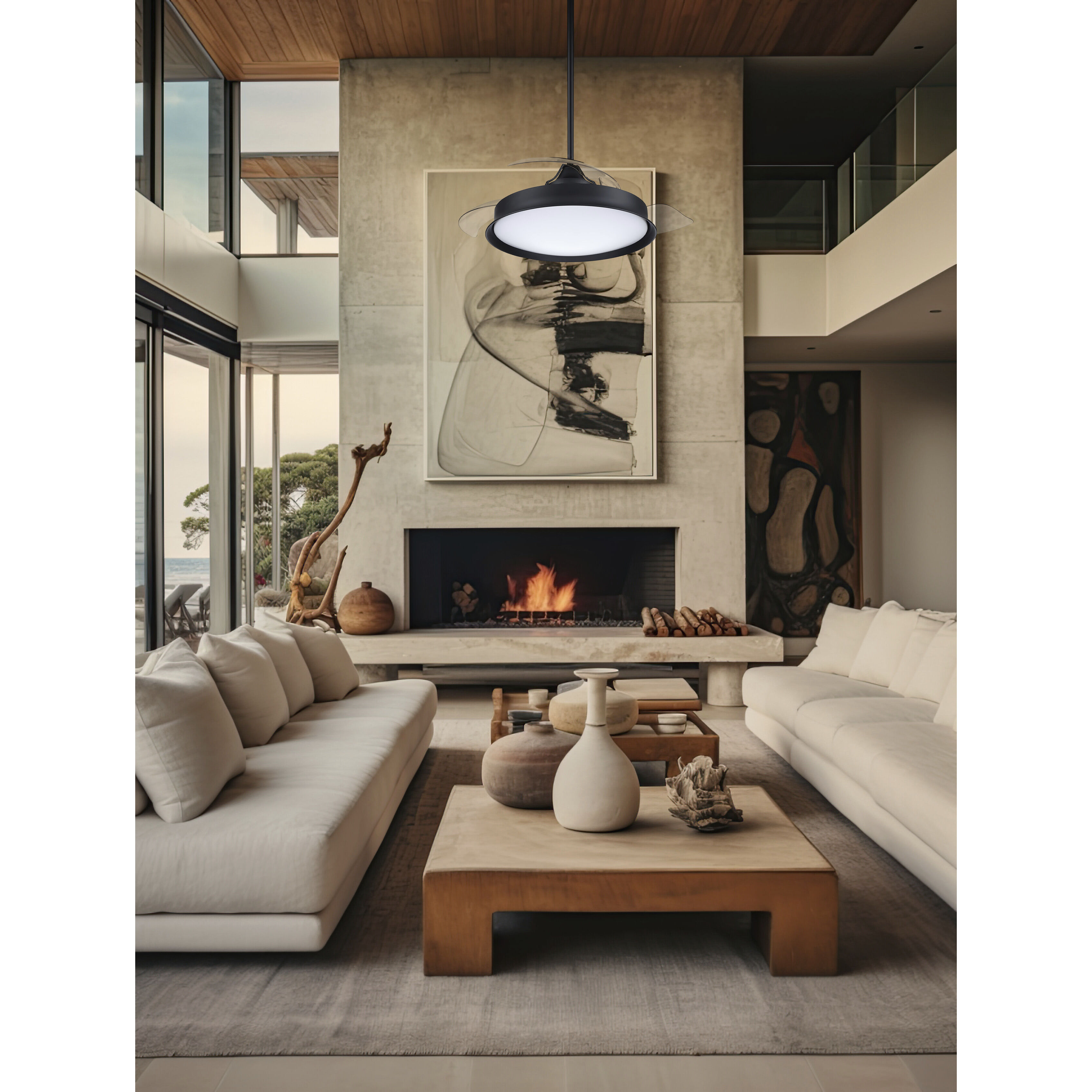 Union 42 inch Flat Black with Clear Acrylic Blades Fan, Hidden Blades