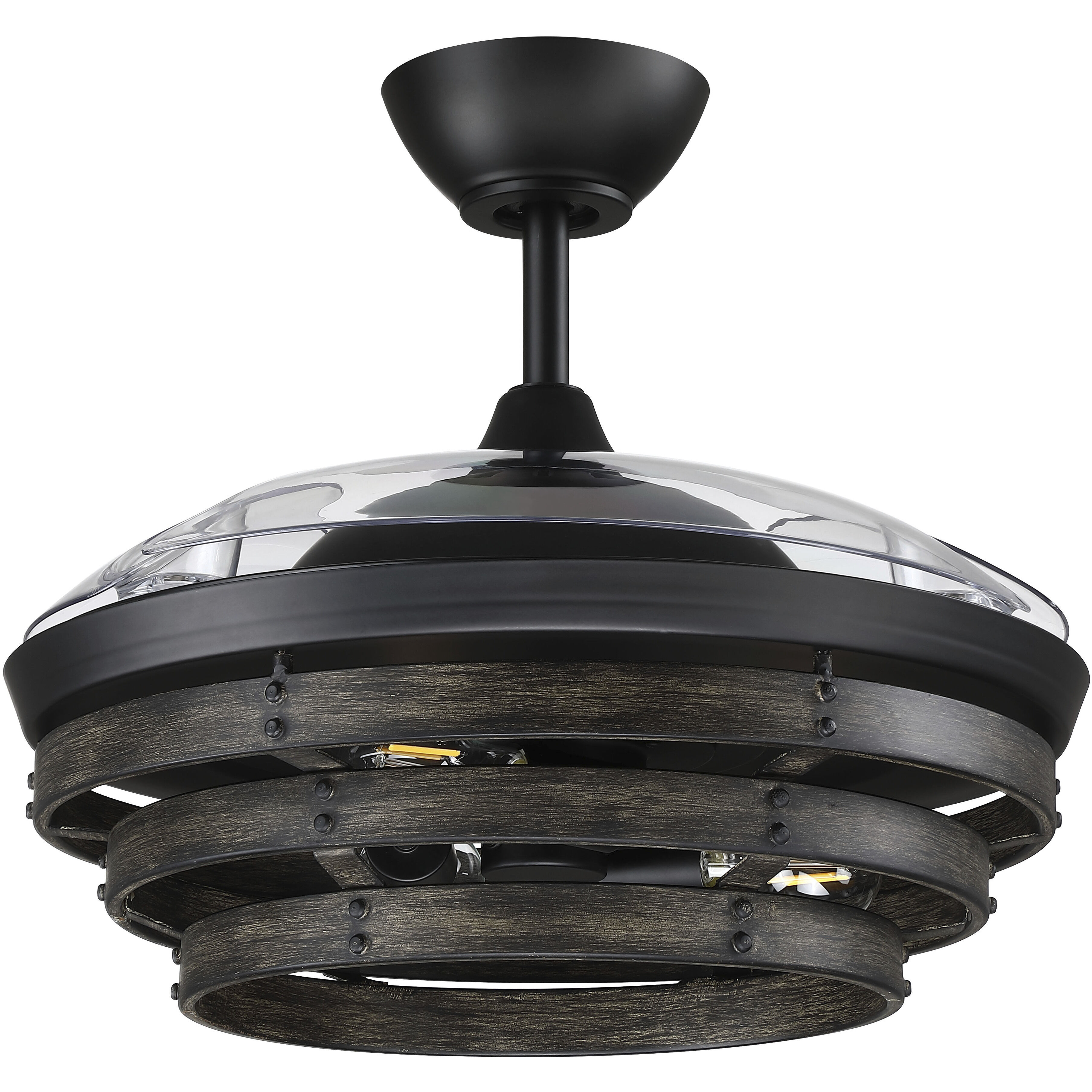 Whiskey 42 inch Flat Black with Clear Acrylic Blades Fan, Hidden Blades