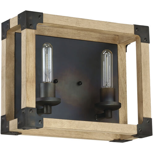 Cubic 2 Light 14 inch Fired Steel/Natural Wood Vanity Light Wall Light