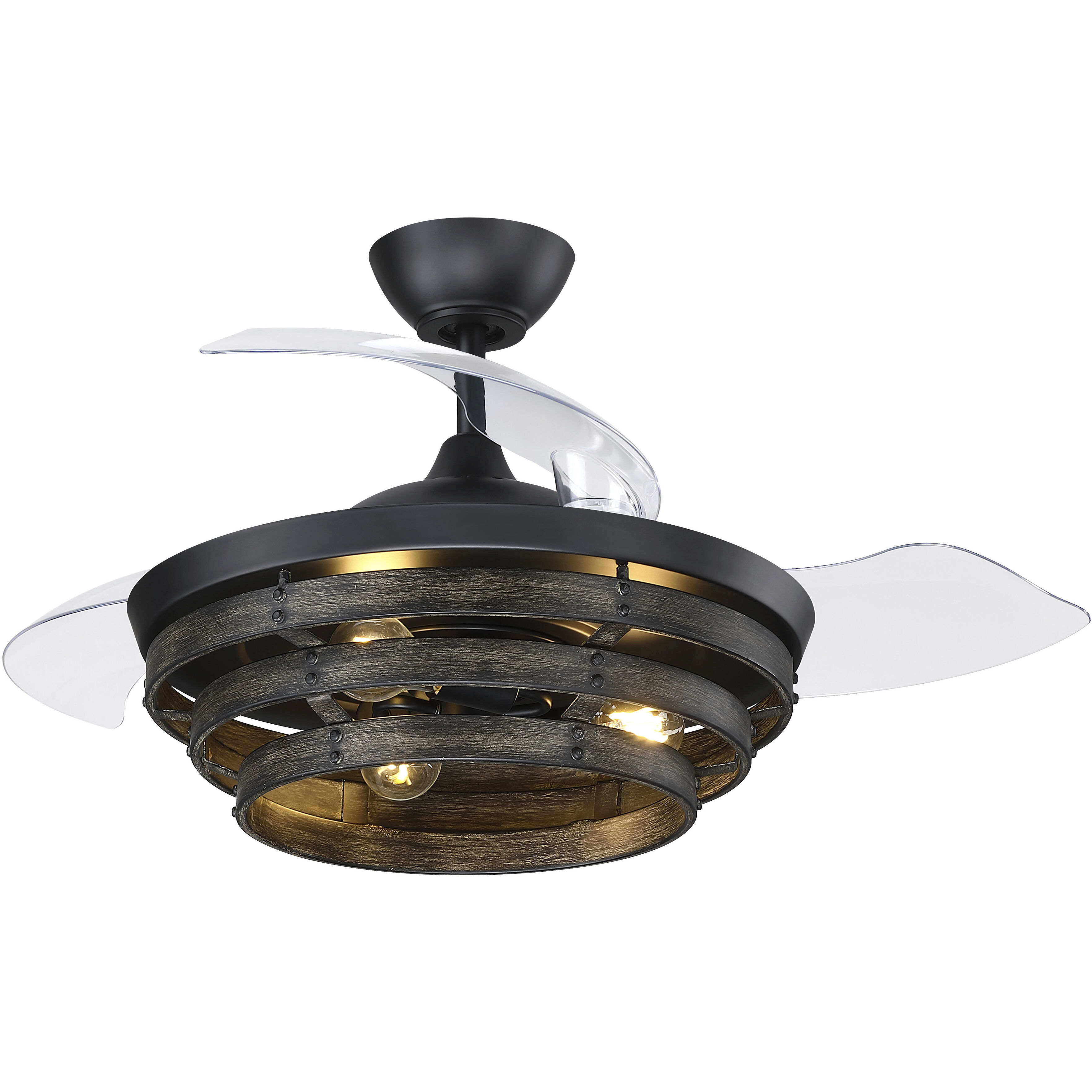 Whiskey 42 inch Flat Black with Clear Acrylic Blades Fan, Hidden Blades