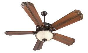 American Tradition 52 inch Oiled Bronze with Oak with Aged Bronze Accents Blades Ceiling Fan With Blades Included in Antique Scavo Glass, Custom Carved Chamberlain Oak with Aged Bronze Accents